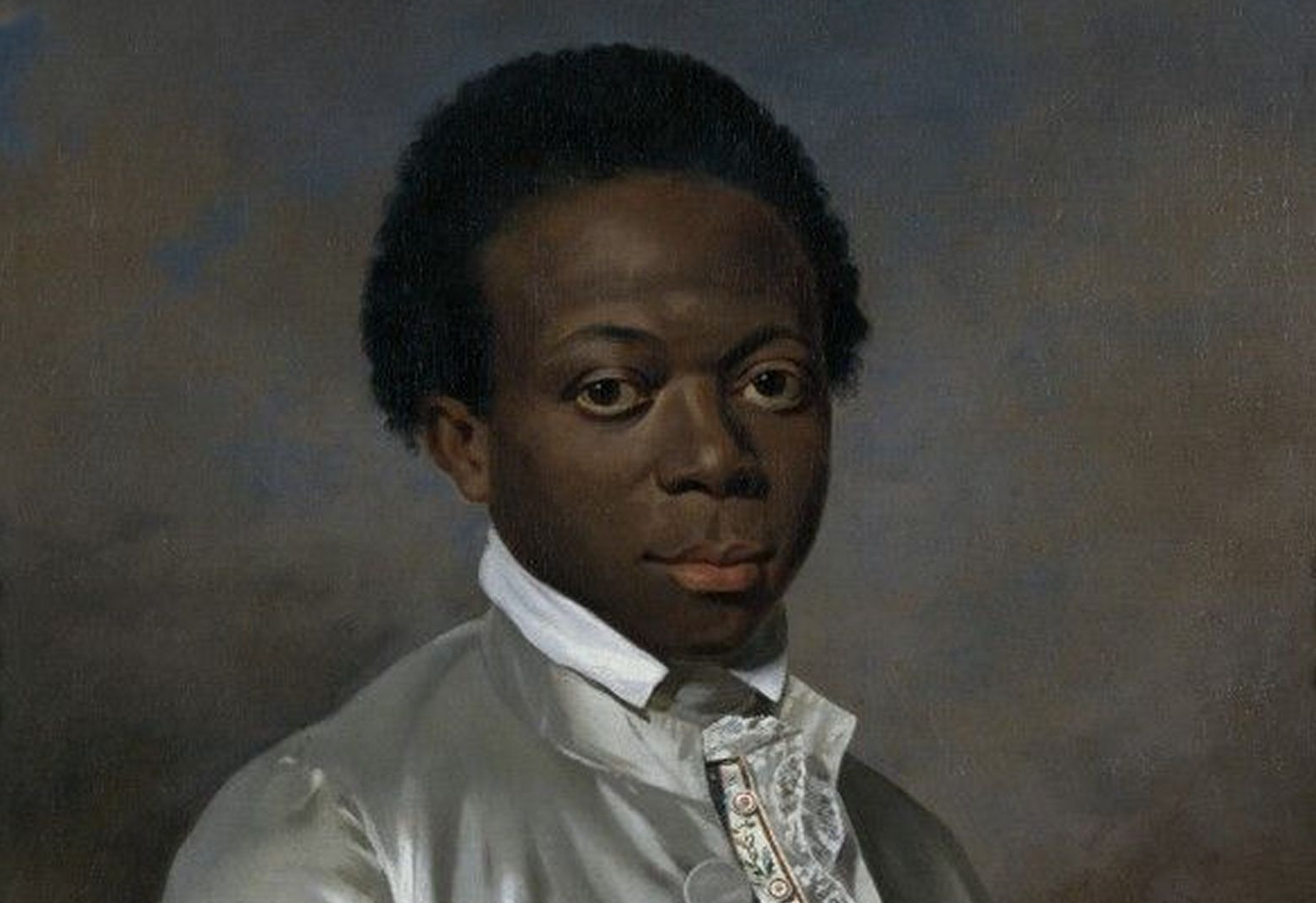 18th century Portrait of a Black youth/young man, he has short hair and a silk silver jacket