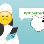 drawing of someone looking at a phone with "betterhelp" and logo with a speech bubble, there is a sad face emoji on the person's face and a ghost flying over the speech bubble