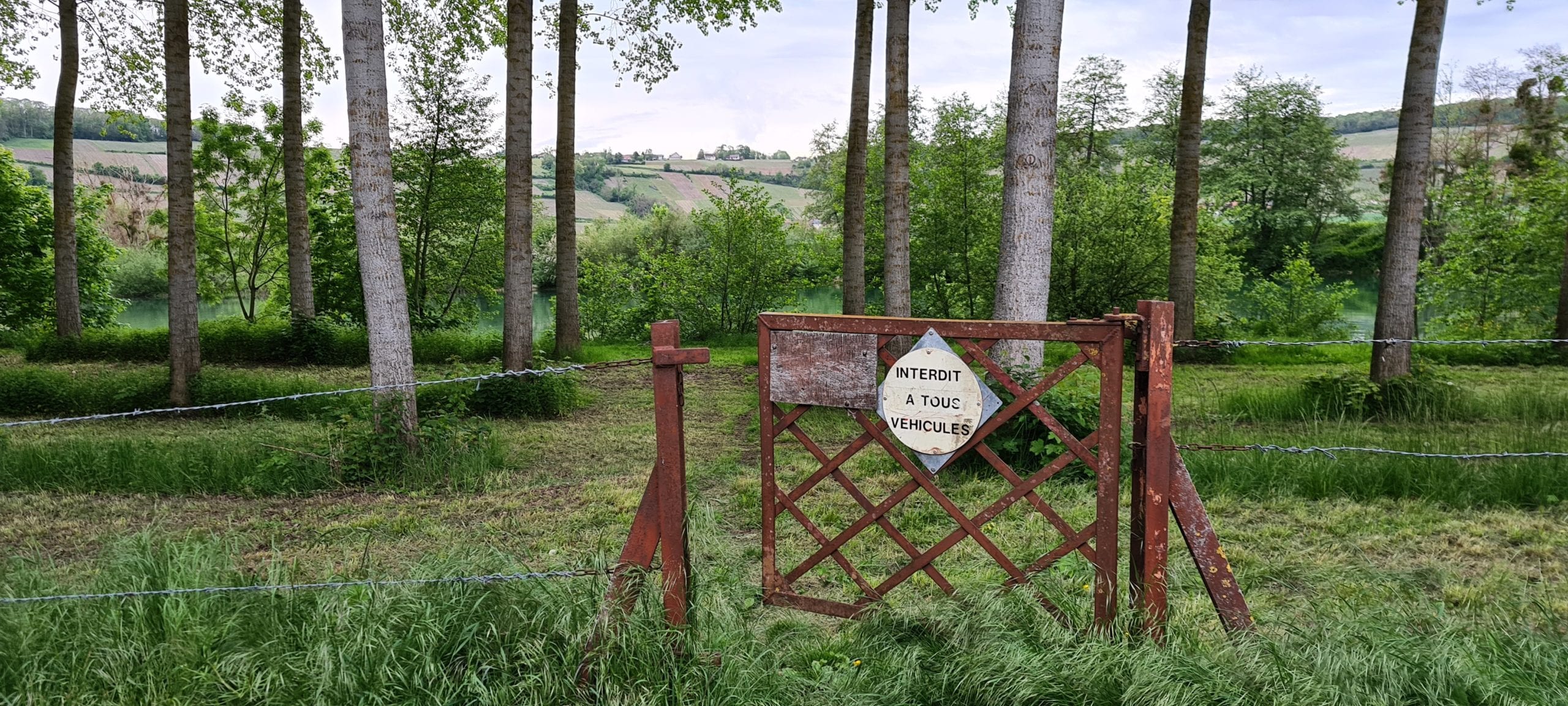 a fence with trees, river, and a hill beyond it