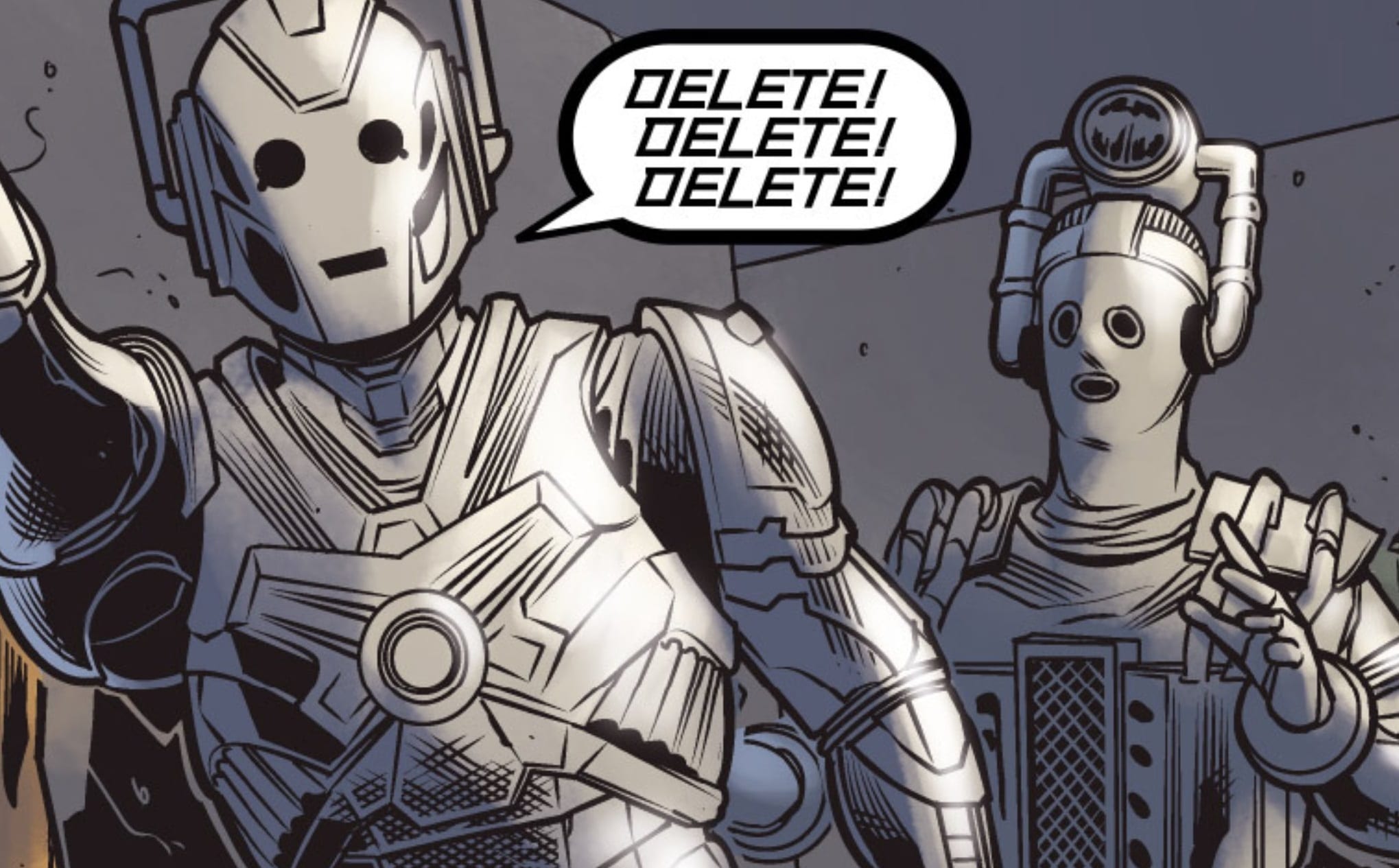 comic cybermen from doctor who, one is saying "delete! delete! delete!"