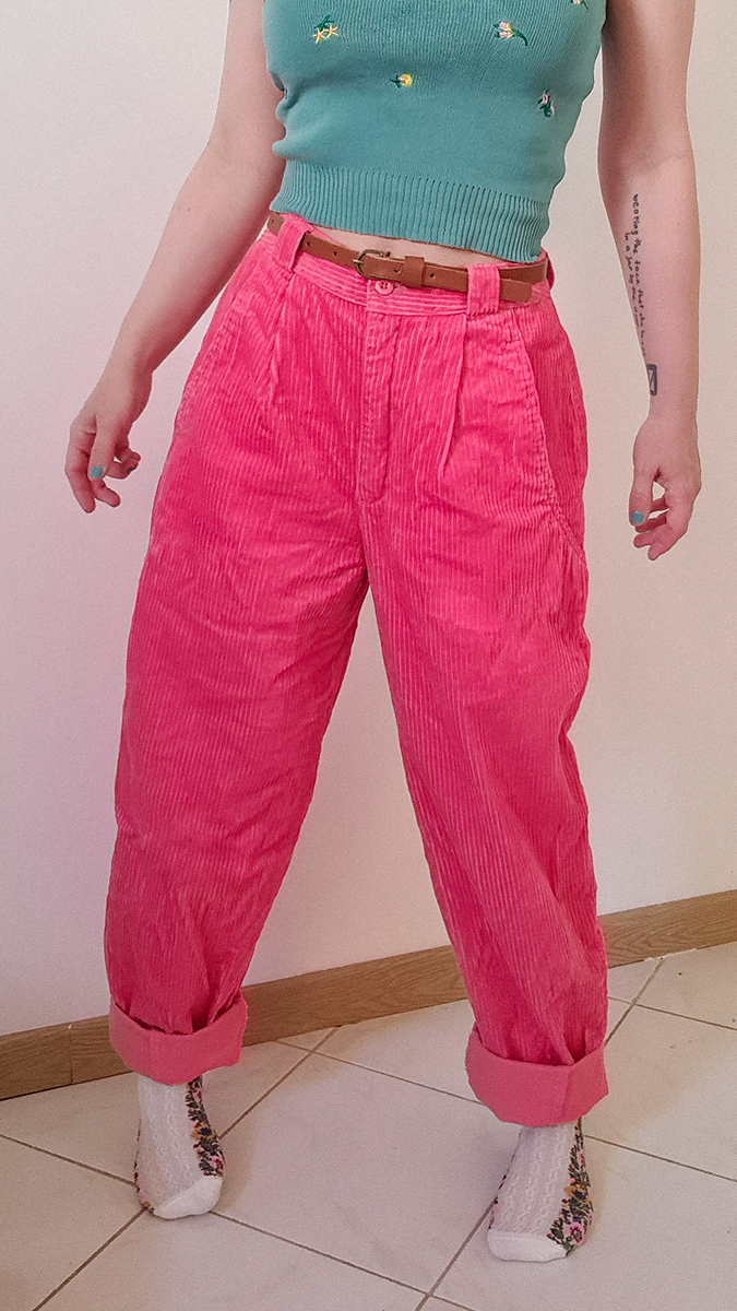 hot pink corduroy trousers