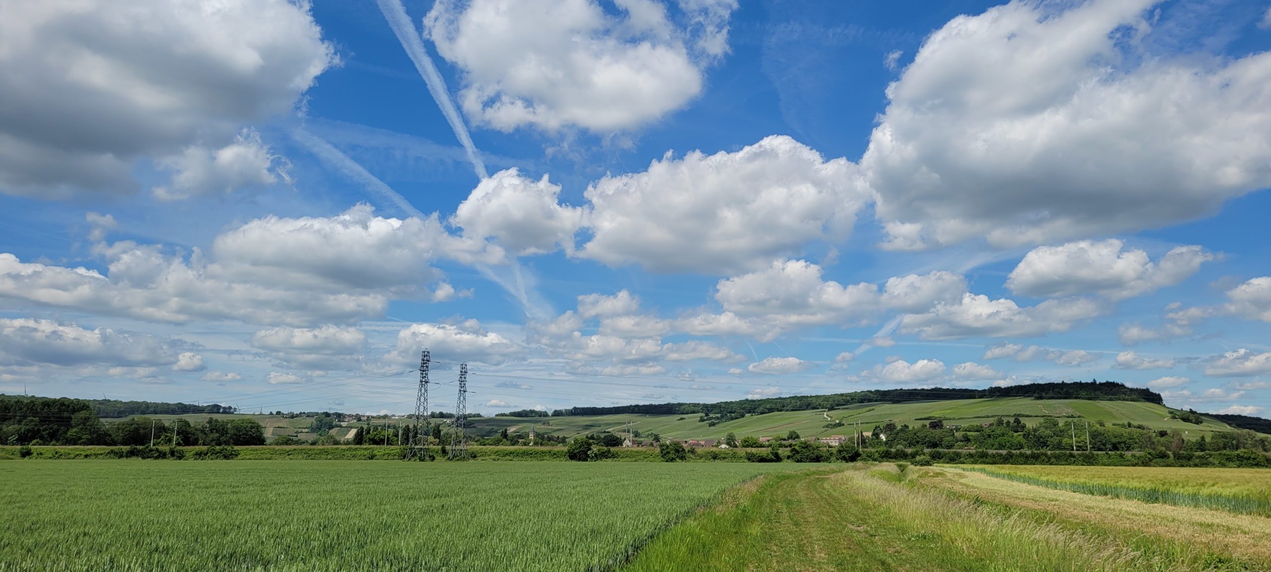 fluffy white clouds in a blue sky over farmland and power lines