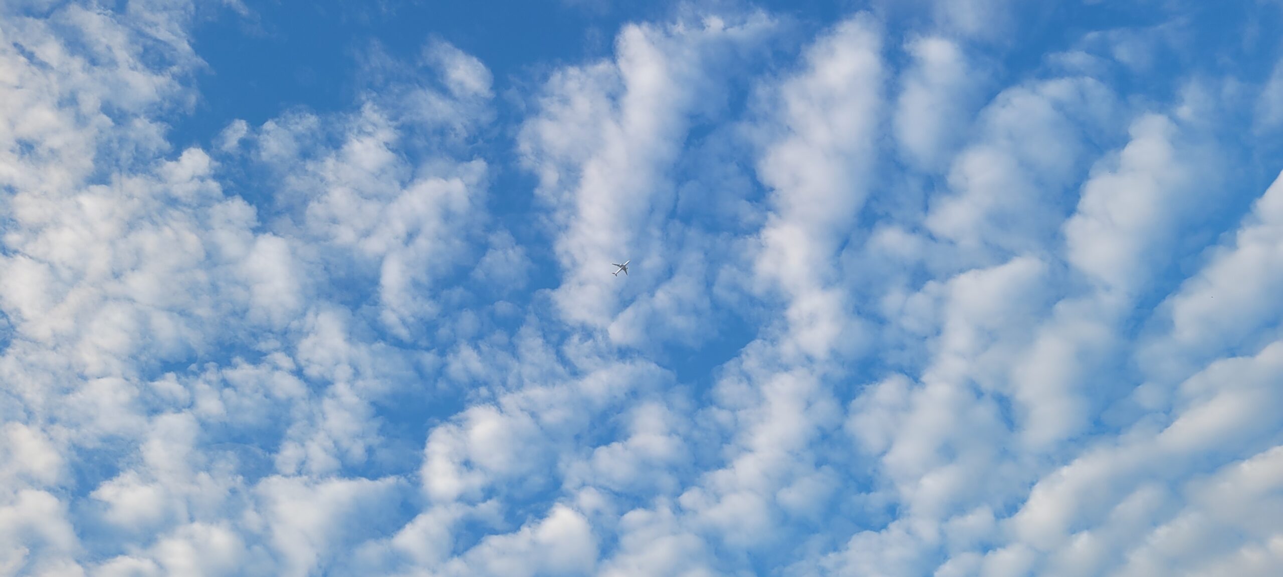 fluffy white clouds in a blue sky, and airplaine up with the clouds