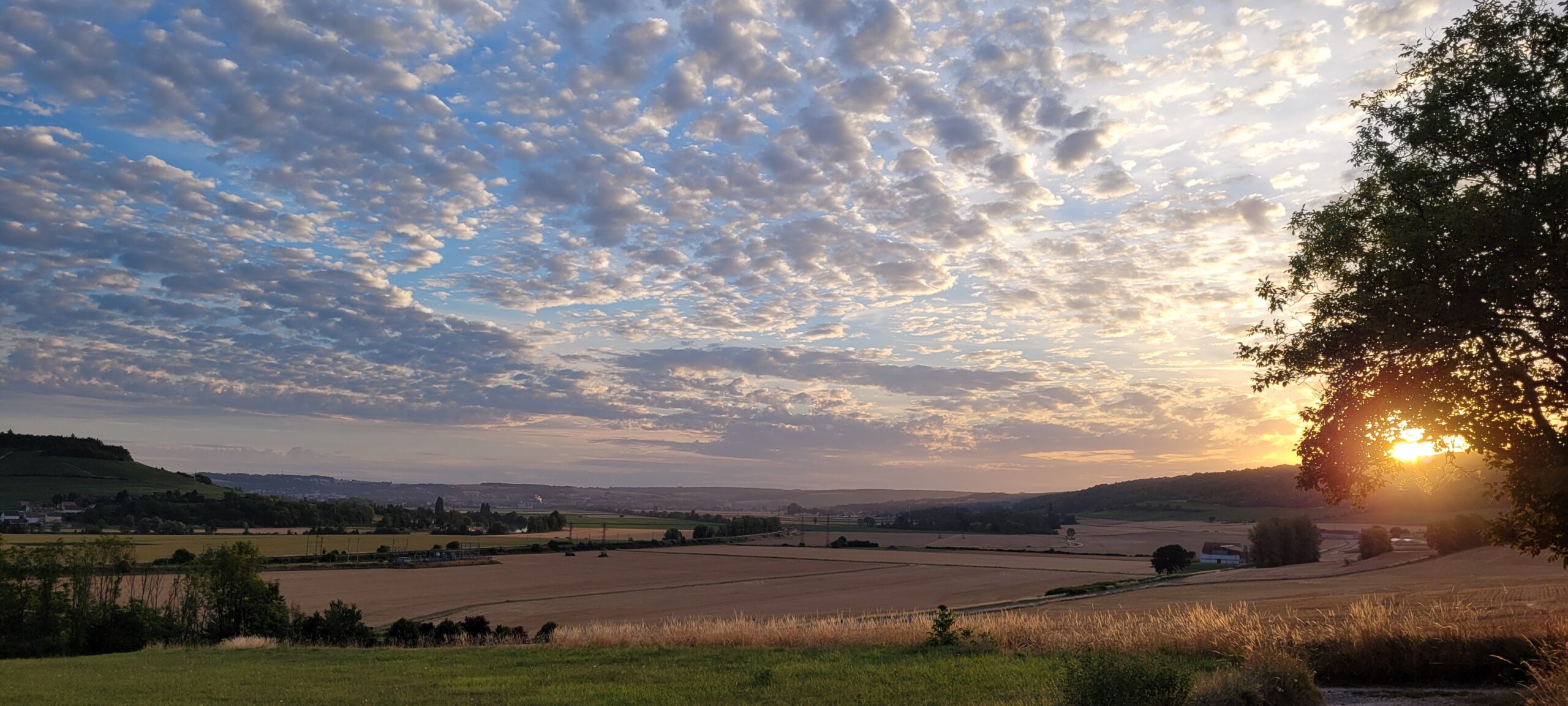 sunrise over countryside, thin clouds reflecting warm colors