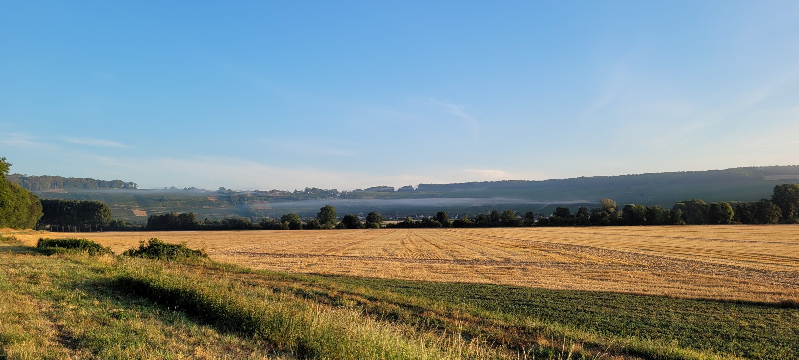 a mist hanging in the distance of farm fields and hills