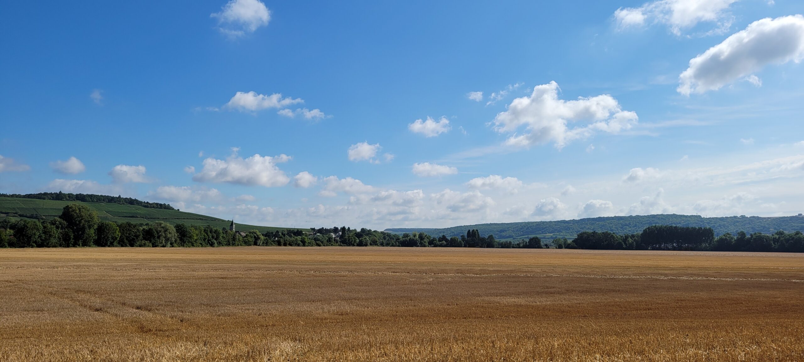 blue sky over farm fields