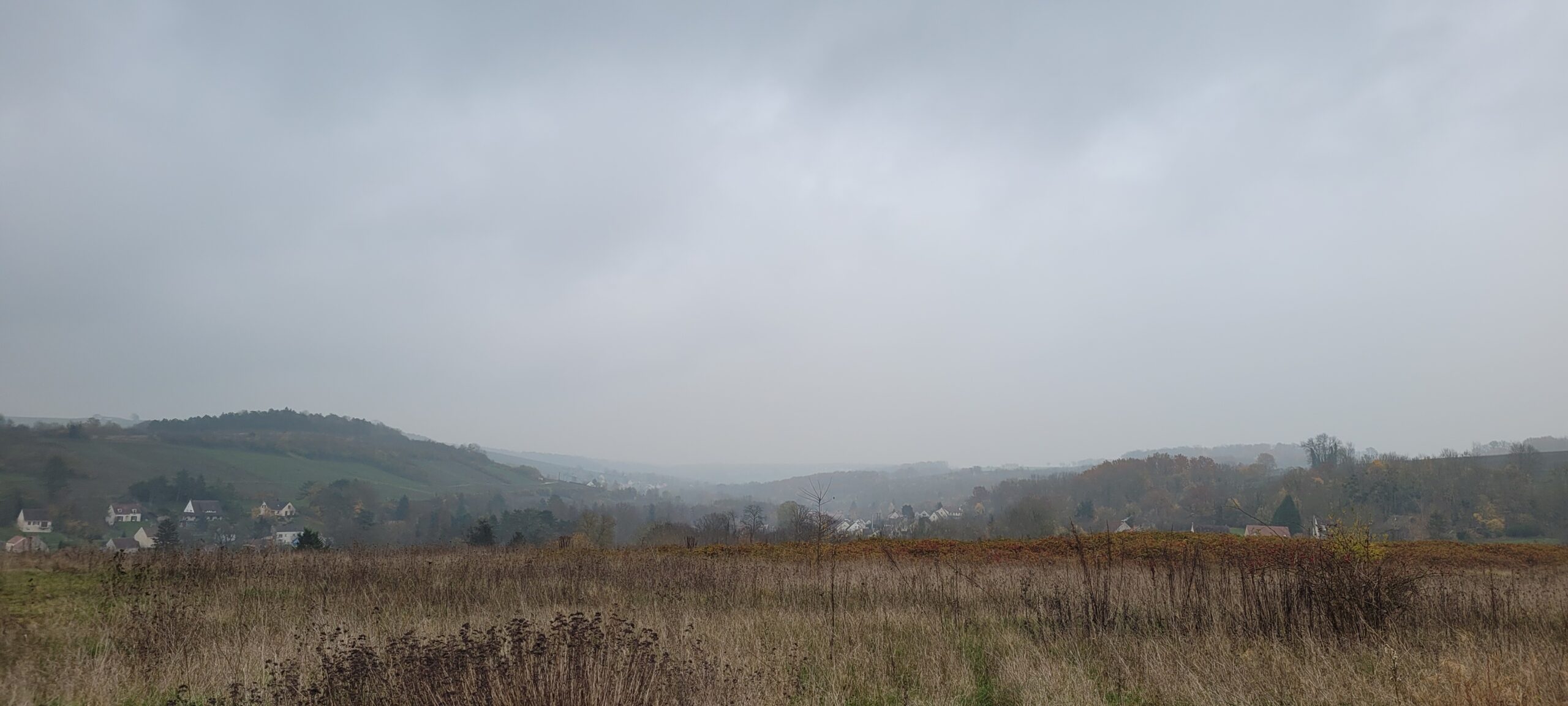 grey and foggy skies over french countryside