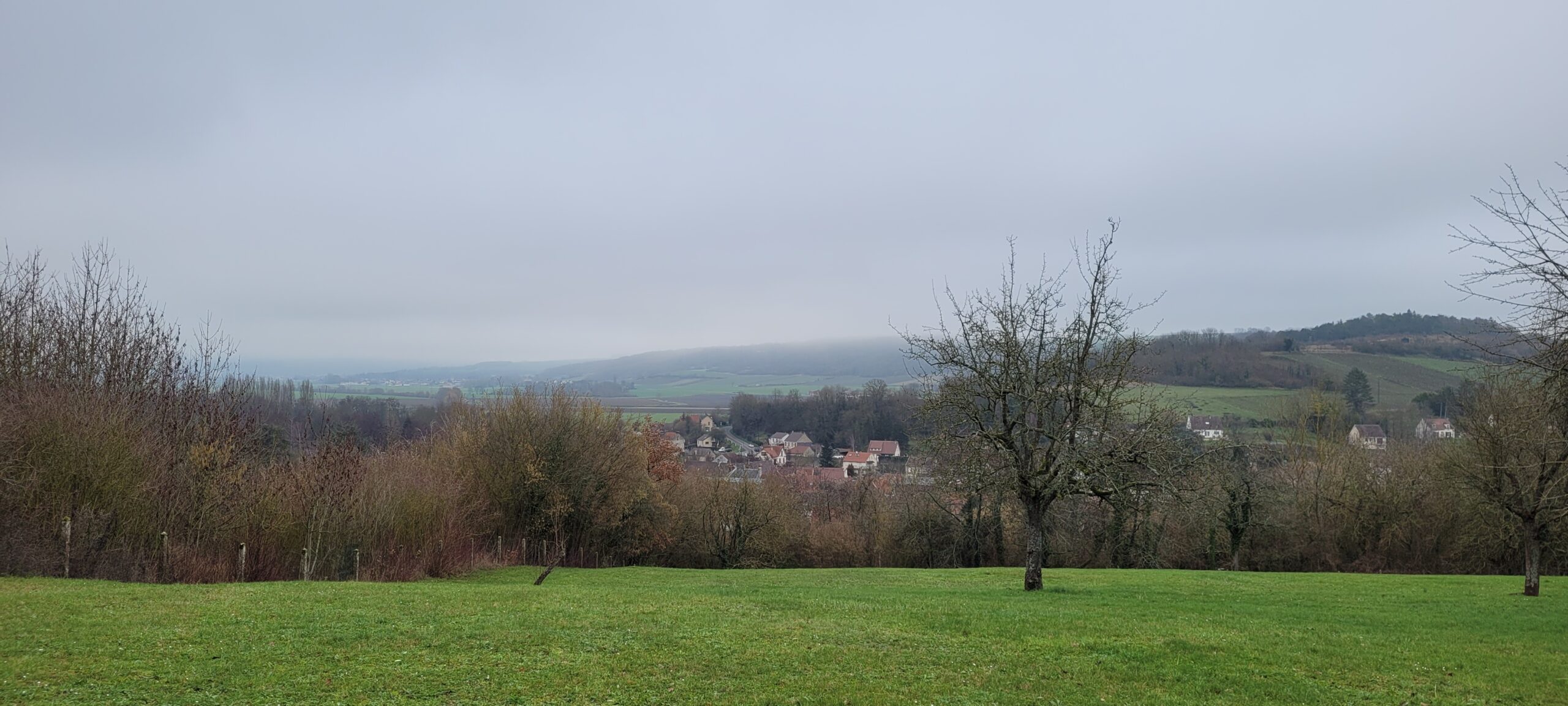 a grey sky over green grass and french countryside